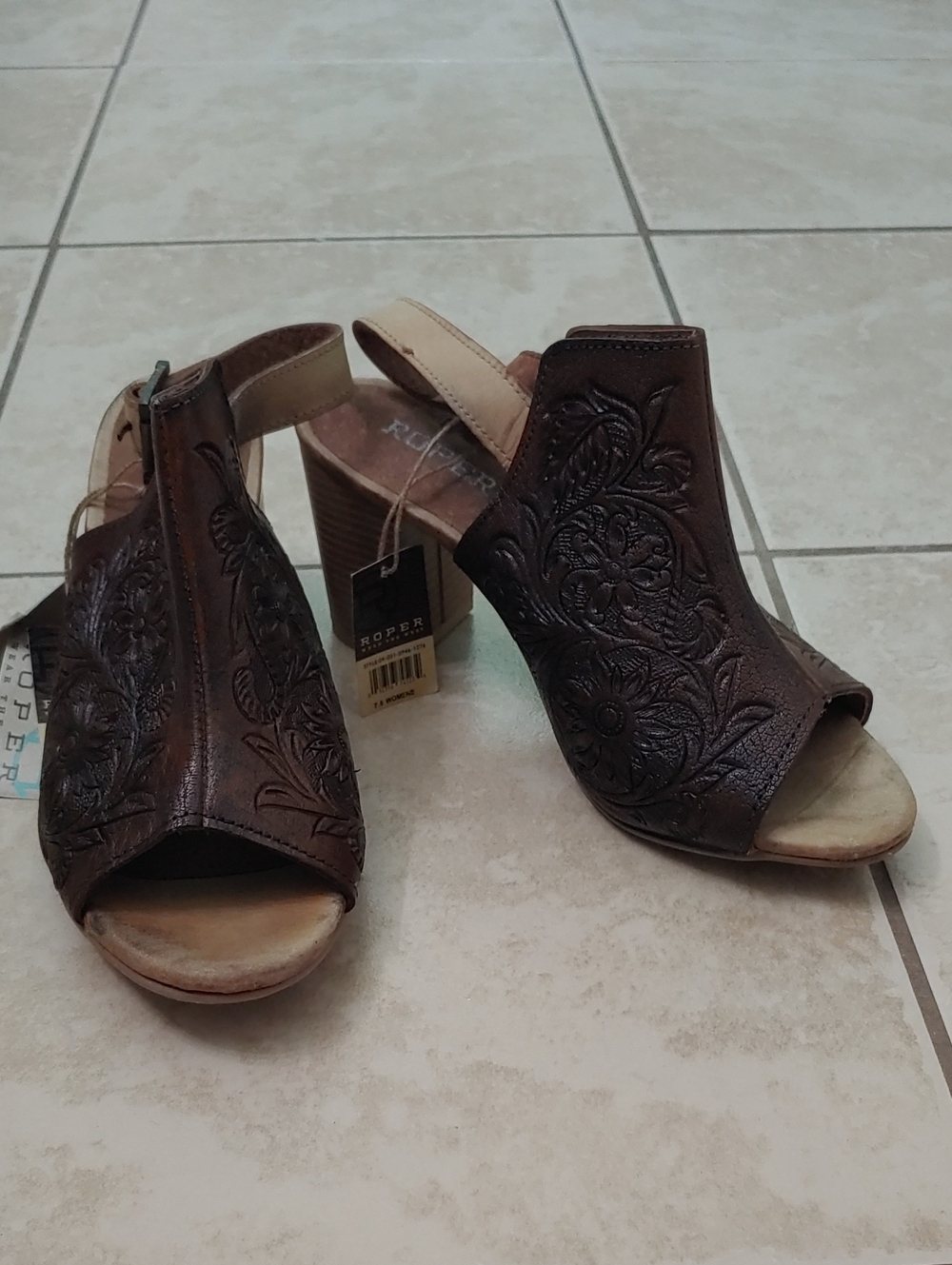 Roper Brown Embossed Leather Heels Peep Toe Western Sandals Women's Size 7.5